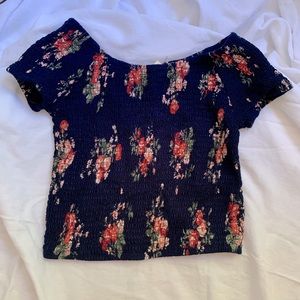 Smocked navy blue floral short sleeve crop top